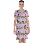 Bullfinches Sit On Branches On A Pink Background Short Sleeve Nightdress