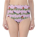 Bullfinches Sit On Branches On A Pink Background Classic High-Waist Bikini Bottoms