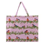 Bullfinches Sit On Branches On A Pink Background Zipper Large Tote Bag