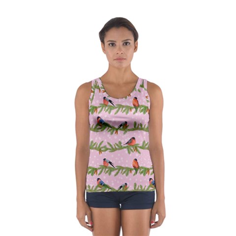 Bullfinches Sit On Branches On A Pink Background Sport Tank Top  from ArtsNow.com