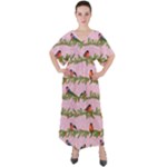 Bullfinches Sit On Branches On A Pink Background V-Neck Boho Style Maxi Dress