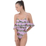 Bullfinches Sit On Branches On A Pink Background Drape Piece Swimsuit