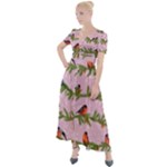 Bullfinches Sit On Branches On A Pink Background Button Up Short Sleeve Maxi Dress