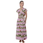 Bullfinches Sit On Branches On A Pink Background Flutter Sleeve Maxi Dress
