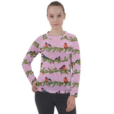 Bullfinches Sit On Branches On A Pink Background Women s Long Sleeve Raglan Tee from ArtsNow.com