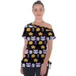 Cats Sun Stars Off Shoulder Tie-Up Tee