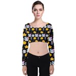 Cats Sun Stars Velvet Long Sleeve Crop Top