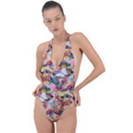 Retro Color Backless Halter One Piece Swimsuit