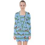 Bullfinches On Spruce Branches V-neck Bodycon Long Sleeve Dress