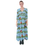 Bullfinches On Spruce Branches Button Up Maxi Dress