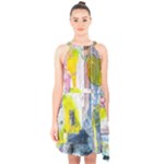Graffiti Graphic Halter Collar Waist Tie Chiffon Dress