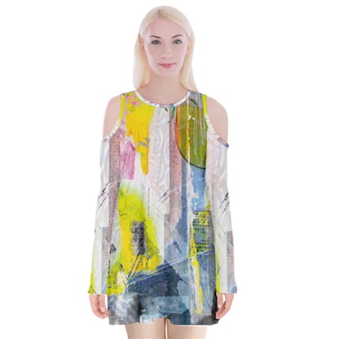 Graffiti Graphic Velvet Long Sleeve Shoulder Cutout Dress from ArtsNow.com