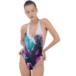 Graffiti Grunge Backless Halter One Piece Swimsuit