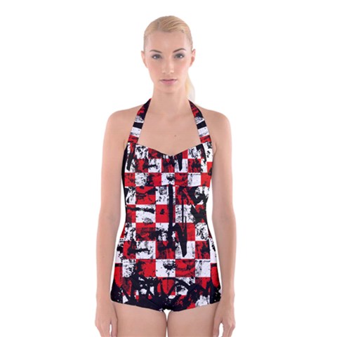 Emo Checker Graffiti Boyleg Halter Swimsuit  from ArtsNow.com