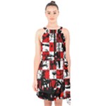 Emo Checker Graffiti Halter Collar Waist Tie Chiffon Dress