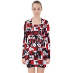 Emo Checker Graffiti V-neck Bodycon Long Sleeve Dress