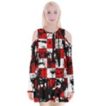 Emo Checker Graffiti Velvet Long Sleeve Shoulder Cutout Dress