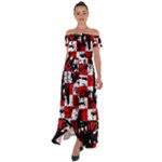 Emo Checker Graffiti Off Shoulder Open Front Chiffon Dress