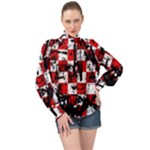 Emo Checker Graffiti High Neck Long Sleeve Chiffon Top