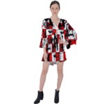 Emo Checker Graffiti V-Neck Flare Sleeve Mini Dress