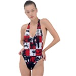 Emo Checker Graffiti Backless Halter One Piece Swimsuit