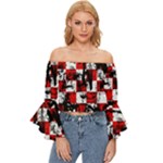 Emo Checker Graffiti Off Shoulder Flutter Bell Sleeve Top