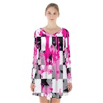 Pink Star Splatter Long Sleeve Velvet V-neck Dress