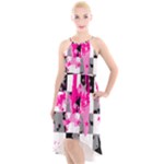 Pink Star Splatter High-Low Halter Chiffon Dress 