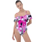 Pink Star Splatter Frill Detail One Piece Swimsuit