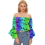 Rainbow Skull Collection Off Shoulder Flutter Bell Sleeve Top