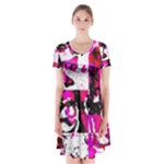 Pink Checker Graffiti  Short Sleeve V-neck Flare Dress