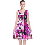 Pink Checker Graffiti  V-Neck Midi Sleeveless Dress 