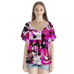 Pink Checker Graffiti  V-Neck Flutter Sleeve Top