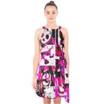 Pink Checker Graffiti  Halter Collar Waist Tie Chiffon Dress