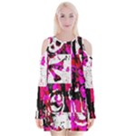 Pink Checker Graffiti  Velvet Long Sleeve Shoulder Cutout Dress