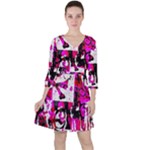 Pink Checker Graffiti  Quarter Sleeve Ruffle Waist Dress