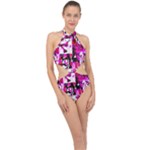 Pink Checker Graffiti  Halter Side Cut Swimsuit