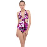 Pink Checker Graffiti  Halter Front Plunge Swimsuit