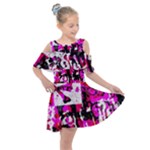 Pink Checker Graffiti  Kids  Shoulder Cutout Chiffon Dress