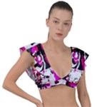 Pink Checker Graffiti  Plunge Frill Sleeve Bikini Top