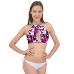 Pink Checker Graffiti  Cross Front Halter Bikini Top