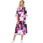 Pink Checker Graffiti  Bow Sleeve Chiffon Midi Dress
