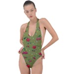 Red Cherries Athletes Backless Halter One Piece Swimsuit