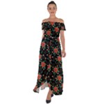 Large Christmas Poinsettias on Black Off Shoulder Open Front Chiffon Dress