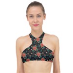 Large Christmas Poinsettias on Black High Neck Bikini Top