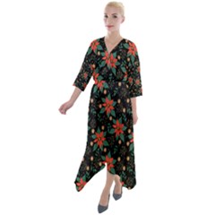 Quarter Sleeve Wrap Front Maxi Dress 