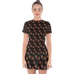 Medium Red Christmas Poinsettias on Black Drop Hem Mini Chiffon Dress