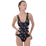 Medium Red Christmas Poinsettias on Black Side Cut Out Swimsuit
