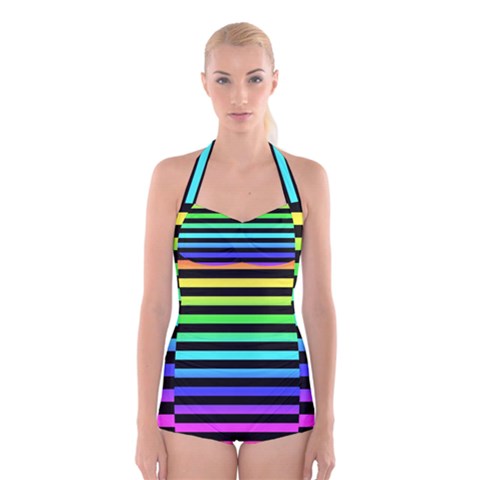 Rainbow Stripes Boyleg Halter Swimsuit  from ArtsNow.com