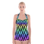 Rainbow Skull Checkerboard Boyleg Halter Swimsuit 